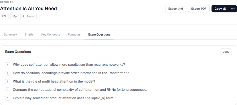 Tool screenshot of generated exam questions